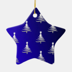 Christmas Trees Silver on Cobalt Blue Ceramic Ornament