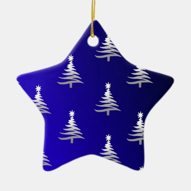 Christmas Trees Silver on Cobalt Blue Ceramic Ornament (Front)