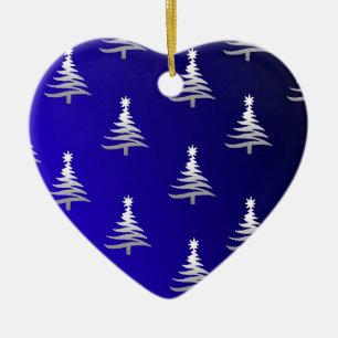 Christmas Trees Silver on Cobalt Blue Ceramic Ornament