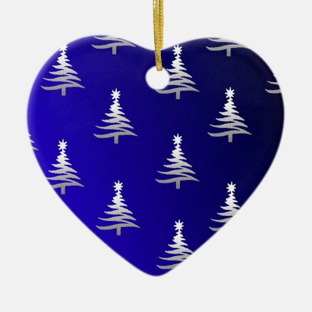 Christmas Trees Silver on Cobalt Blue Ceramic Ornament (Front)