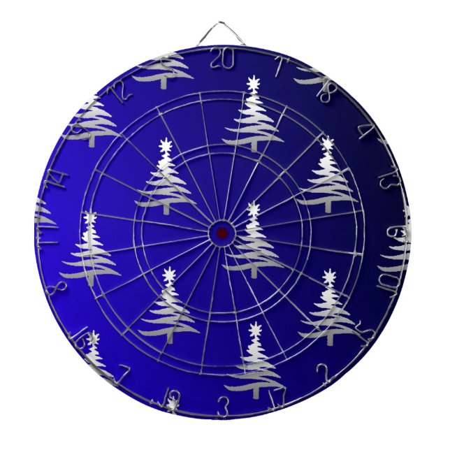 Christmas Trees Silver on Cobalt Blue Dartboard (Front)