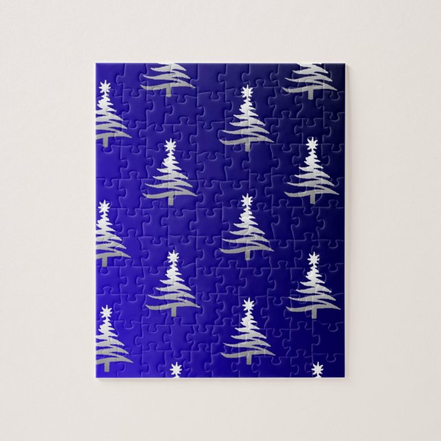 Christmas Trees Silver on Cobalt Blue Jigsaw Puzzle (Vertical)