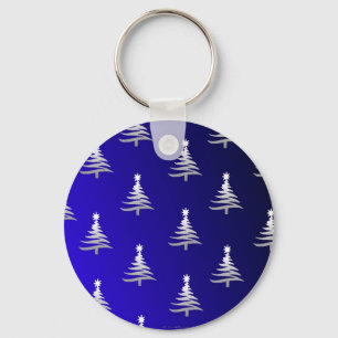 Christmas Trees Silver on Cobalt Blue Keychain