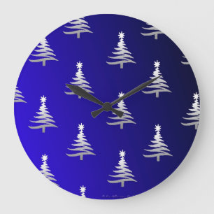 Christmas Trees Silver on Cobalt Blue Large Clock