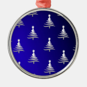 Christmas Trees Silver on Cobalt Blue Metal Ornament