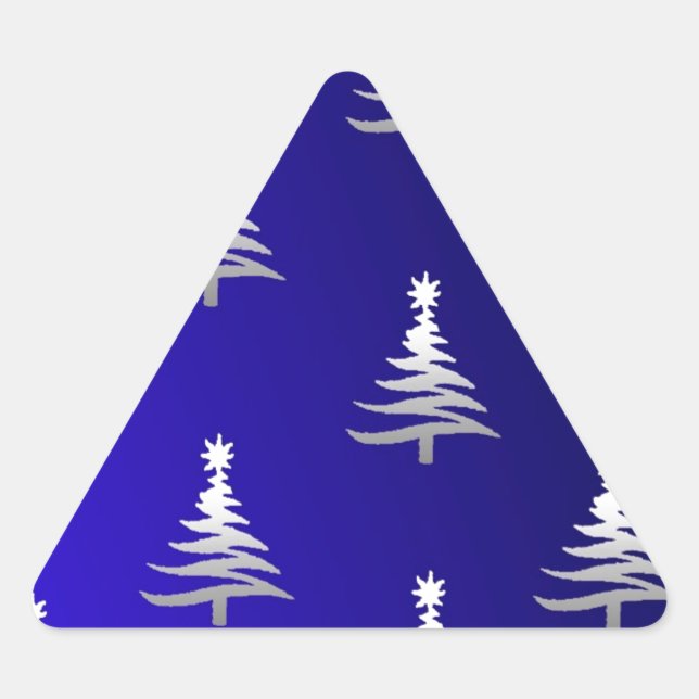 Christmas Trees Silver on Cobalt Blue Triangle Sticker (Front)