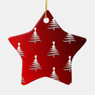 Christmas Trees Silver on Red Ceramic Ornament