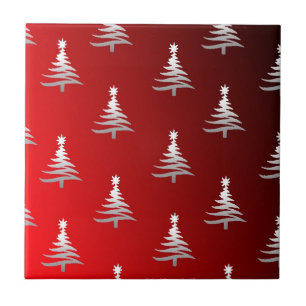 Christmas Trees Silver on Red Tile