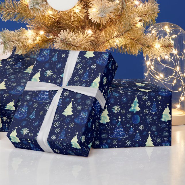 Christmas Trees Snowflakes Blue Christmas Wrapping Paper (Holidays)
