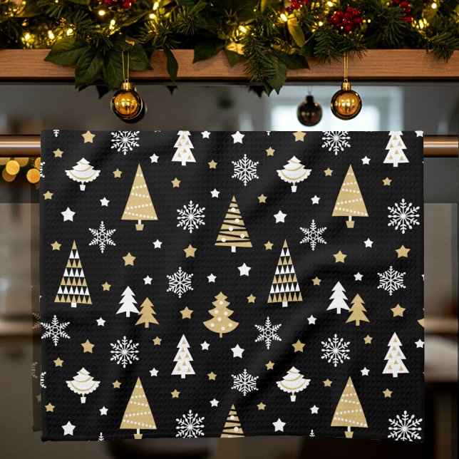 Christmas Trees & Snowflakes Pattern Black Kitchen Towel (Creator Uploaded)
