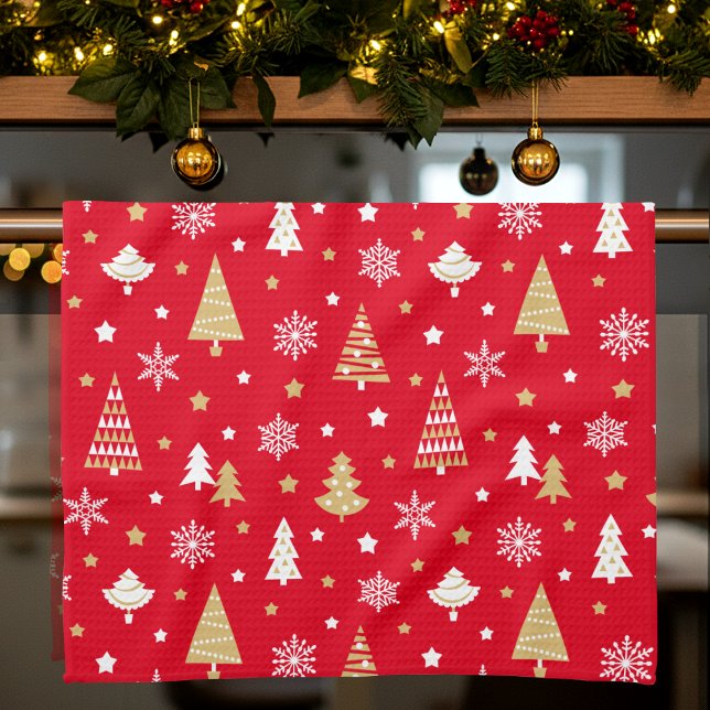 Christmas Trees & Snowflakes Pattern Red Kitchen Towel (Creator Uploaded)