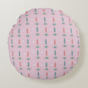 Christmas Trees Snowflakes Pink Green Round Pillow