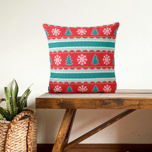 Christmas Trees Snowflakes Red Teal Pattern Throw Pillow