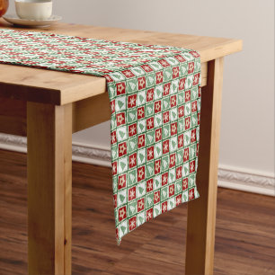 Christmas trees, snowflakes, stars, red, green short table runner