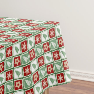 Christmas trees, snowflakes, stars, red, green tablecloth
