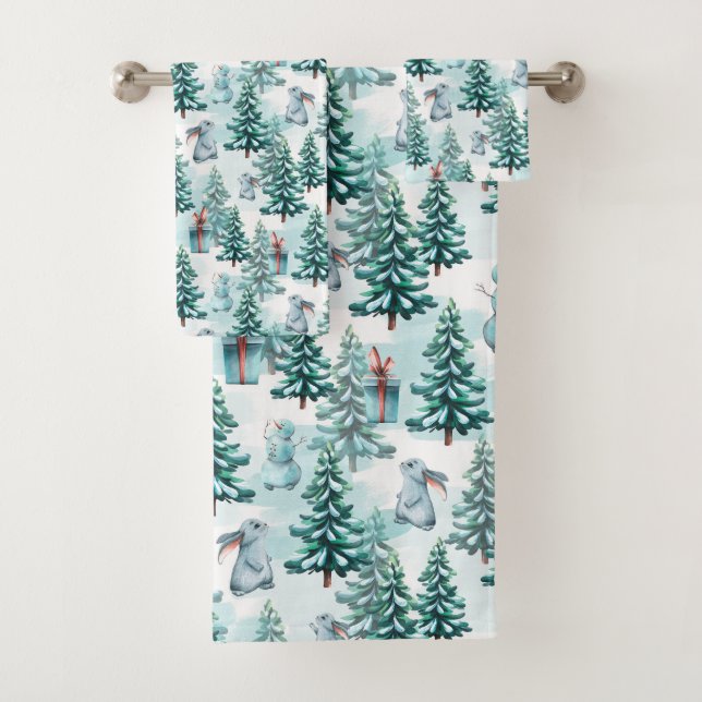 Christmas Trees, Snowmen, Bunnies and Presents Bath Towel Set (Insitu)