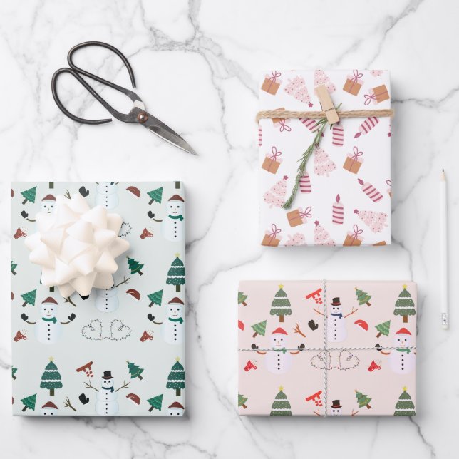 Christmas Trees Snowmen Candles Presents Christmas Wrapping Paper Sheet (Front)
