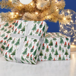 Christmas Trees Stars Red Green Gold Christmas Wrapping Paper