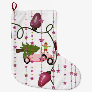 Christmas Trees Stocking, Elf Pink Lights  Large Christmas Stocking