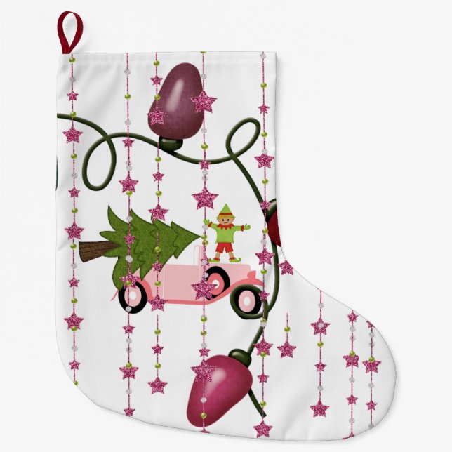 Christmas Trees Stocking, Elf Pink Lights  Large Christmas Stocking (Front)