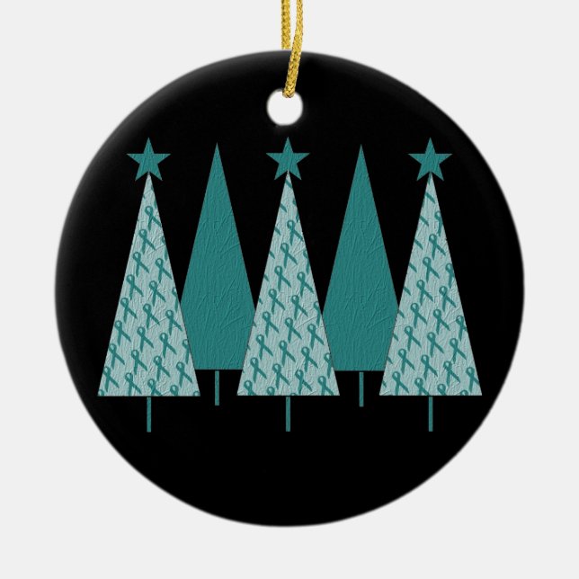 Christmas Trees - Teal Ribbon Cervical Cancer Ceramic Ornament (Front)