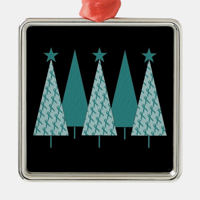 Christmas Trees - Teal Ribbon Ovarian Cancer Metal Ornament (Front)