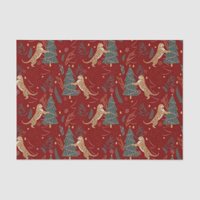 Christmas trees & tigers pattern bBrown background Tissue Paper (Front)