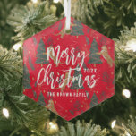 Christmas trees & tigers pattern custom background glass ornament<br><div class="desc">This colourful cartoon-style Christmas tree pattern has a customizable red background.
Christmas,  trees,  Christmas animals,  and other Christmas symbols.</div>