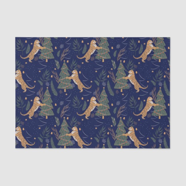 Christmas trees & tigers pattern custom background tissue paper (Front)