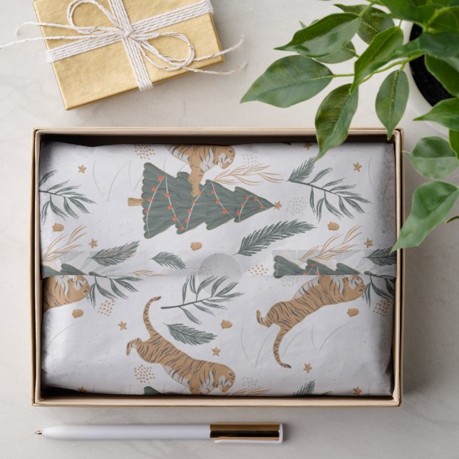 Christmas trees & tigers pattern custom background tissue paper (Gift)