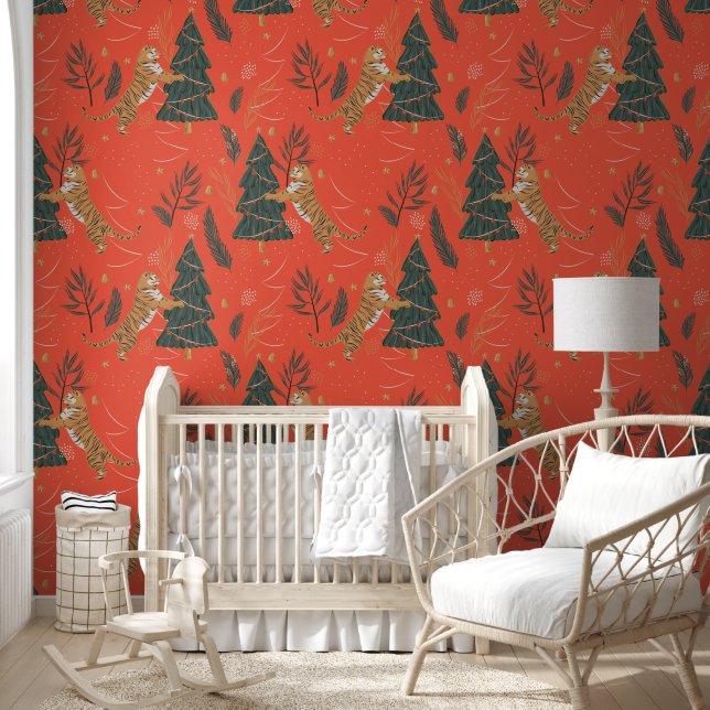 Christmas trees & tigers pattern custom background wallpaper (Kids)