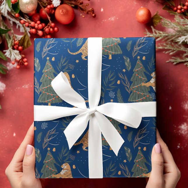 Christmas trees & tigers pattern custom background wrapping paper (Creator Uploaded)