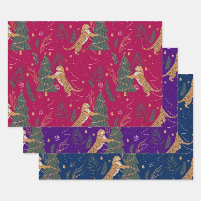 Christmas trees & tigers pattern custom background wrapping paper sheet (Set)