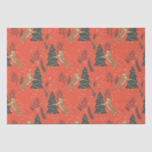 Christmas trees & tigers pattern on orange backgro tissue paper