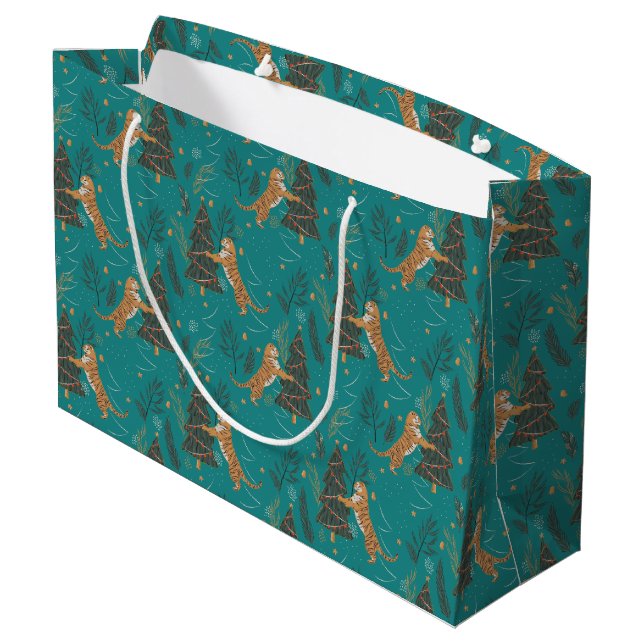 Christmas trees & tigers pattern on turquoise large gift bag (Back Angled)