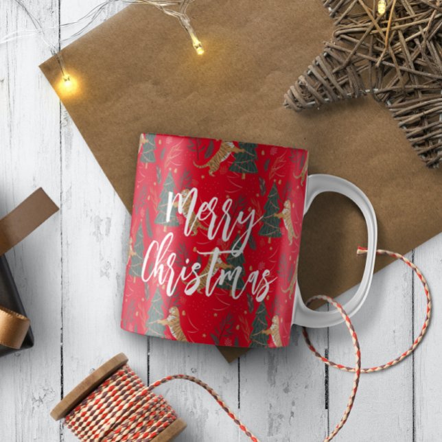 Christmas trees & tigers pattern red background coffee mug (Creator Uploaded)