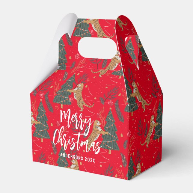 Christmas trees & tigers pattern Red background Favor Box (Front Side)