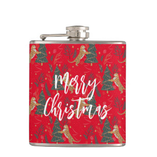 Christmas trees & tigers pattern red background hip flask