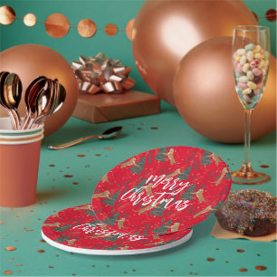 Christmas trees & tigers pattern red background paper plate