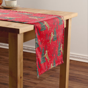 Christmas trees & tigers pattern red background short table runner