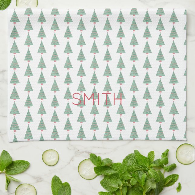 Christmas Trees Watercolor Art NAME Holidays Kitchen Towel (Folded)