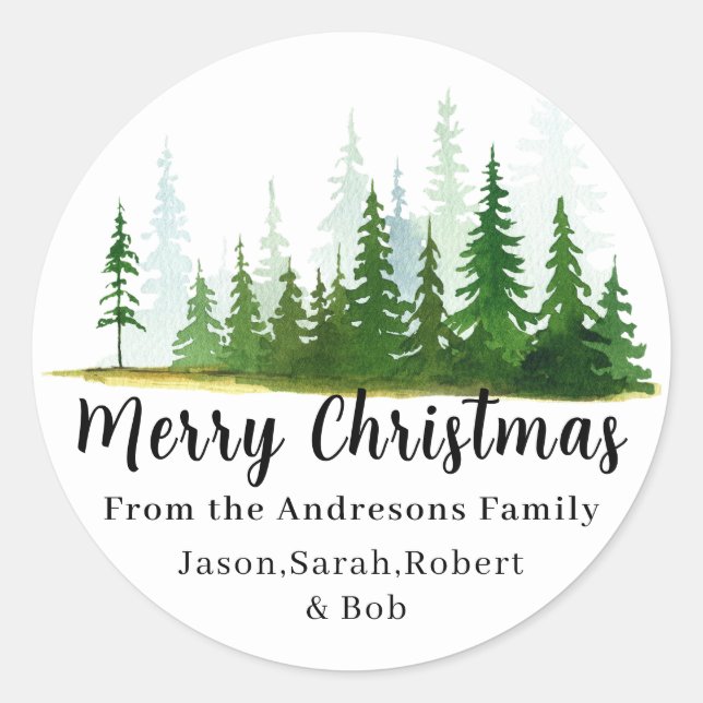 Christmas trees watercolor family name elegant classic round sticker (Front)