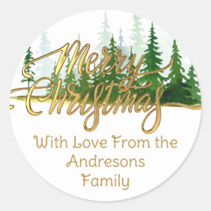 Christmas trees watercolor family name elegant classic round sticker