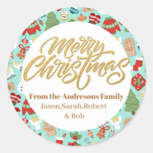 Christmas trees watercolor family name elegant classic round sticker