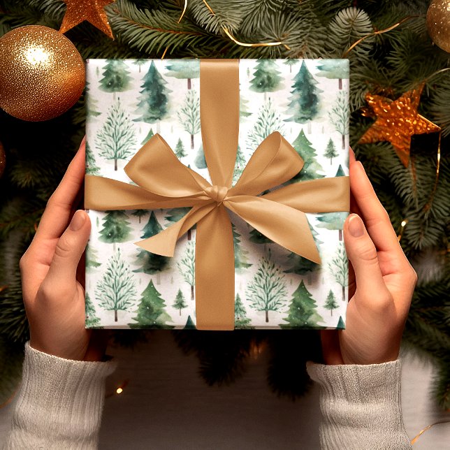 Christmas Trees Watercolor Pattern Green Holiday  Wrapping Paper (Creator Uploaded)