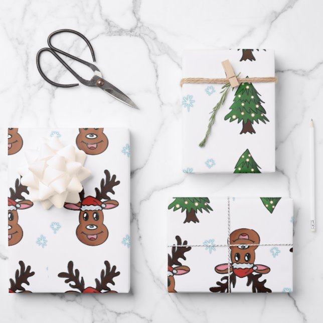 Christmas Trees Winter Raindeers Santa Snowflakes Wrapping Paper Sheet (Front)