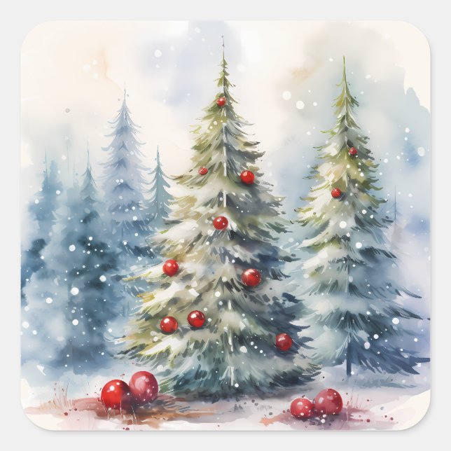 Christmas trees winter snowy landscape square sticker (Front)