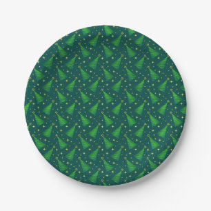 Christmas Trees with Gold Stars  Paper Plate
