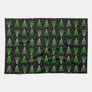 Christmas Trees with Stars on Black Kitchen Towel