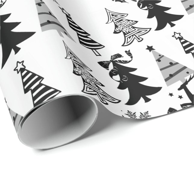 Christmas Trees Wrapping Paper Black White Grey (Roll Corner)